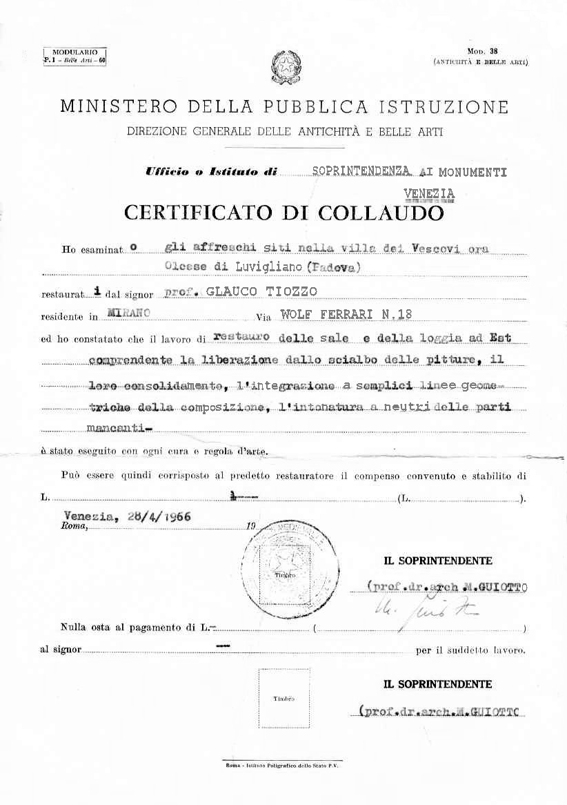 certificato di collaudo restauro Villa dei Vescovi