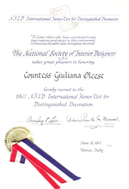 Giuliana d'Olcese premio dell'American National Society of Interiors Decorator